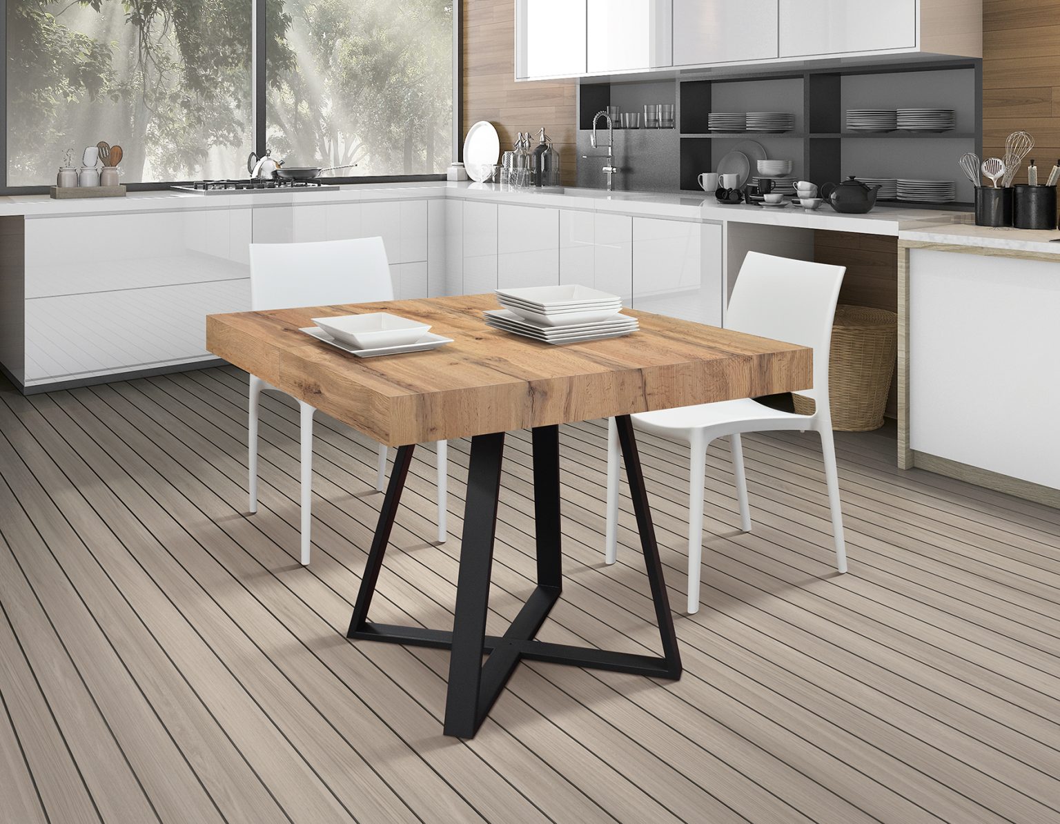 Tavolo Da Pranzo Rotondo In Vetro – Gambe Incrociate Nere – Diametro 80 Cm – Moderno – Per Cucina E Sala Da Pranzo - 2