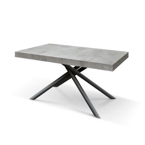 Tavolo allungabile grigio cemento con gambe incrociate nere tubolari menego