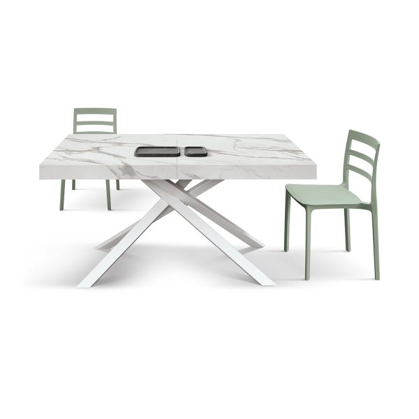 Tavolo allungabile bianco marmo statuario con gambe incrociate shangay bianche - immagine 4