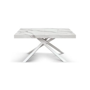 Tavolo allungabile bianco marmo statuario con gambe incrociate shangay bianche
